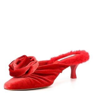 Gianni Bini Emery Velvet Fur Kitten Heel Dress  Mules in Red with Rosette Detail